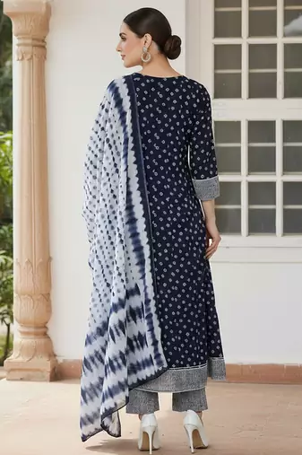 blue color embroidered pure cotton styles kurta trouser with dupatta
