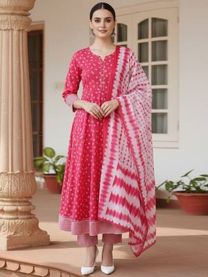 pink color embroidered pure cotton styles kurta trouser with dupatta 1