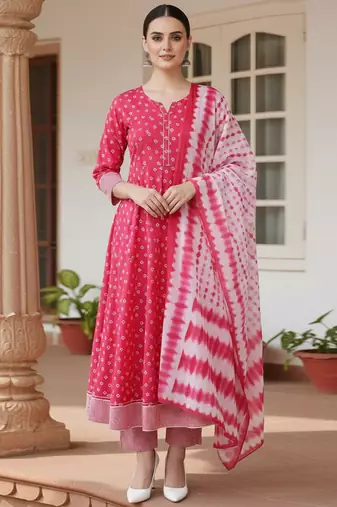pink color embroidered pure cotton styles kurta trouser with dupatta