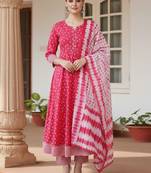 pink color embroidered pure cotton styles kurta trouser with dupatta