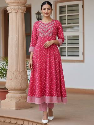 pink color embroidered pure cotton styles kurta trouser with dupatta 2