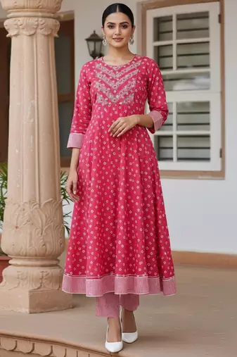 pink color embroidered pure cotton styles kurta trouser with dupatta