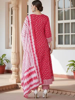 pink color embroidered pure cotton styles kurta trouser with dupatta 3