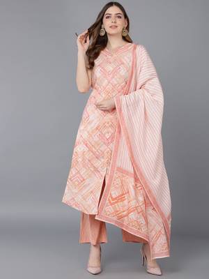peach color printed poly silk styles kurta palazzo with dupatta 1