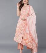 peach color printed poly silk styles kurta palazzo with dupatta