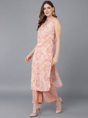 peach color printed poly silk styles kurta palazzo with dupatta 3