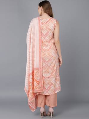 peach color printed poly silk styles kurta palazzo with dupatta 4