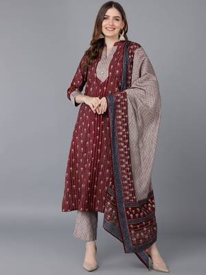 burgundy color printed poly silk styles kurta trouser with dupatta 1