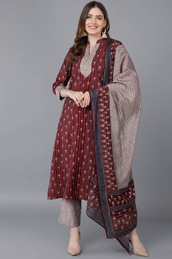 burgundy color printed poly silk styles kurta trouser with dupatta