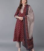 burgundy color printed poly silk styles kurta trouser with dupatta