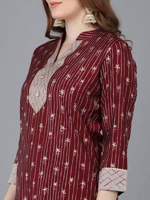 burgundy color printed poly silk styles kurta trouser with dupatta 2