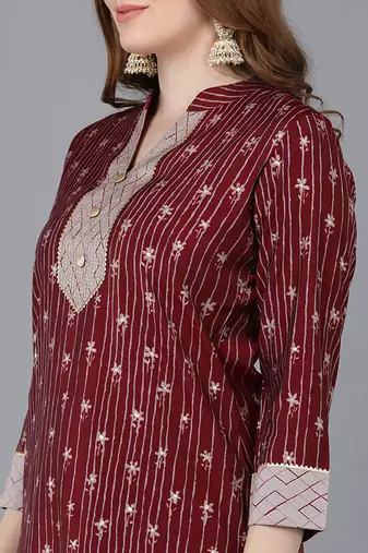 burgundy color printed poly silk styles kurta trouser with dupatta