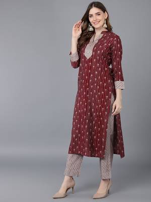 burgundy color printed poly silk styles kurta trouser with dupatta 3