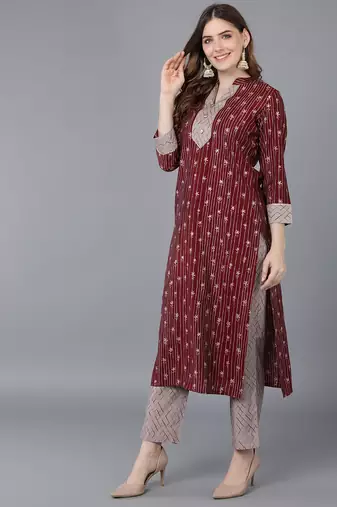 burgundy color printed poly silk styles kurta trouser with dupatta