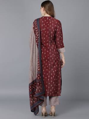 burgundy color printed poly silk styles kurta trouser with dupatta 4