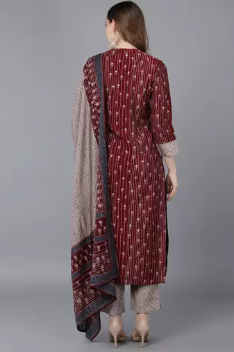 burgundy color printed poly silk styles kurta trouser with dupatta