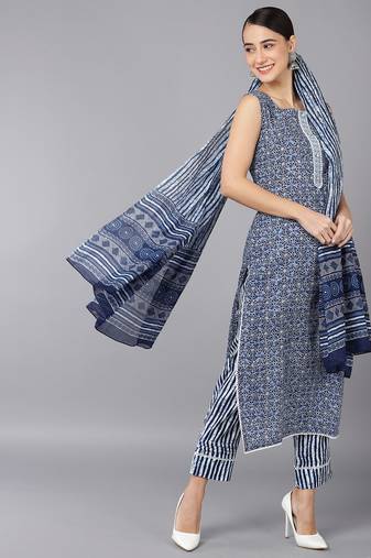 blue color printed pure cotton styles kurta trouser with dupatta