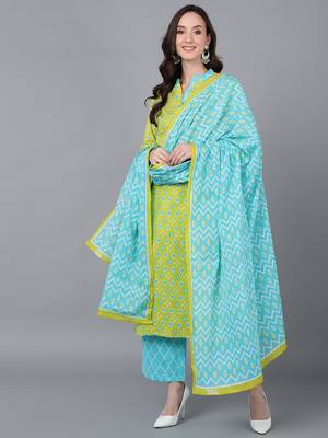lime green color printed rayon blend styles kurta palazzo with dupatta 1