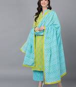 lime green color printed rayon blend styles kurta palazzo with dupatta