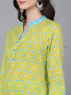 lime green color printed rayon blend styles kurta palazzo with dupatta 2