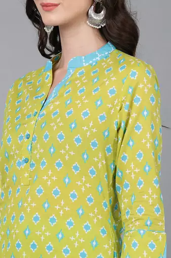 lime green color printed rayon blend styles kurta palazzo with dupatta