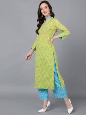 lime green color printed rayon blend styles kurta palazzo with dupatta 3