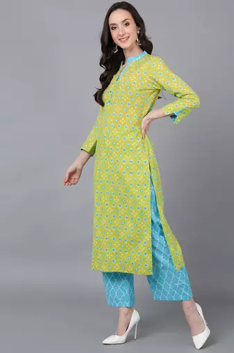 lime green color printed rayon blend styles kurta palazzo with dupatta