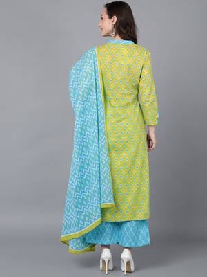 lime green color printed rayon blend styles kurta palazzo with dupatta 4