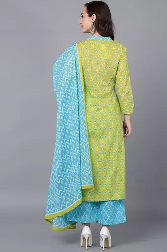 lime green color printed rayon blend styles kurta palazzo with dupatta