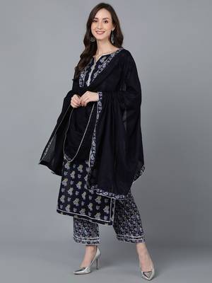 navy blue color printed pure cotton styles kurta palazzo with dupatta 1
