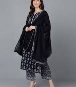 navy blue color printed pure cotton styles kurta palazzo with dupatta