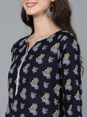 navy blue color printed pure cotton styles kurta palazzo with dupatta 2