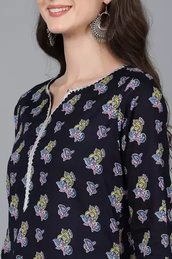 navy blue color printed pure cotton styles kurta palazzo with dupatta