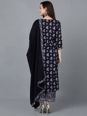 navy blue color printed pure cotton styles kurta palazzo with dupatta 3