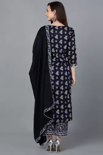 navy blue color printed pure cotton styles kurta palazzo with dupatta
