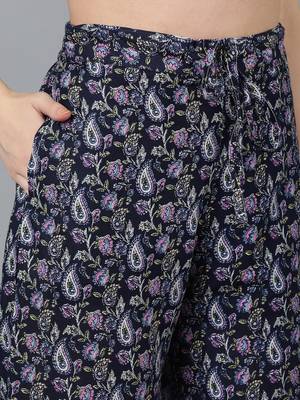 navy blue color printed pure cotton styles kurta palazzo with dupatta 4