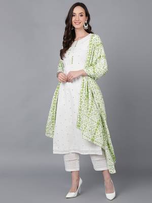 white color solid pure cotton styles kurta trouser with dupatta 1