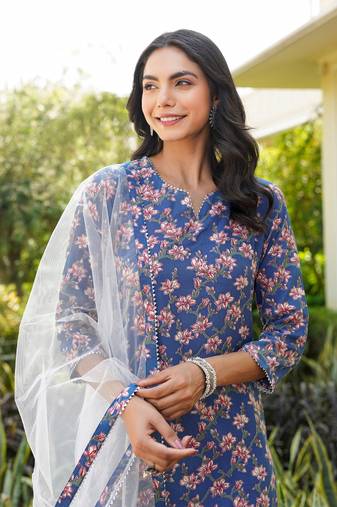 blue color printed rayon styles kurta trouser with dupatta