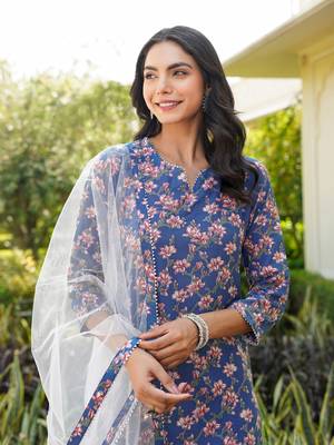 blue color printed rayon styles kurta trouser with dupatta 1