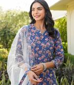 blue color printed rayon styles kurta trouser with dupatta