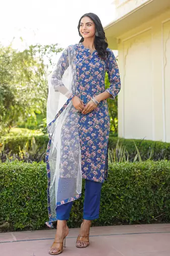blue color printed rayon styles kurta trouser with dupatta