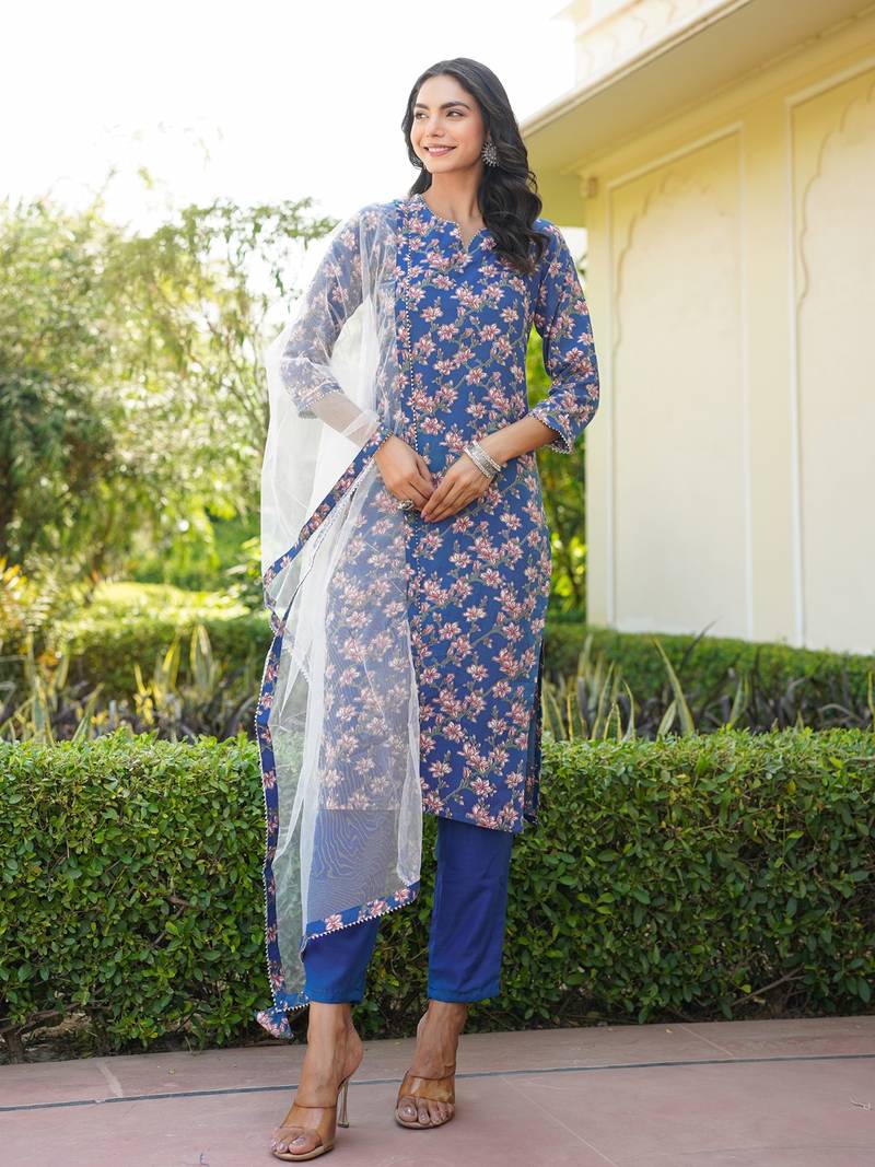 blue color printed rayon styles kurta trouser with dupatta