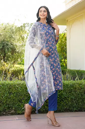 blue color printed rayon styles kurta trouser with dupatta