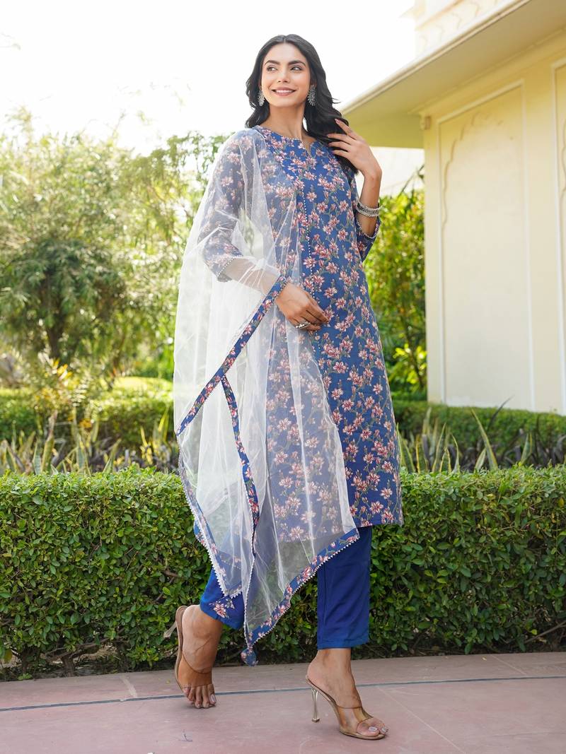 blue color printed rayon styles kurta trouser with dupatta