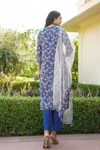 blue color printed rayon styles kurta trouser with dupatta