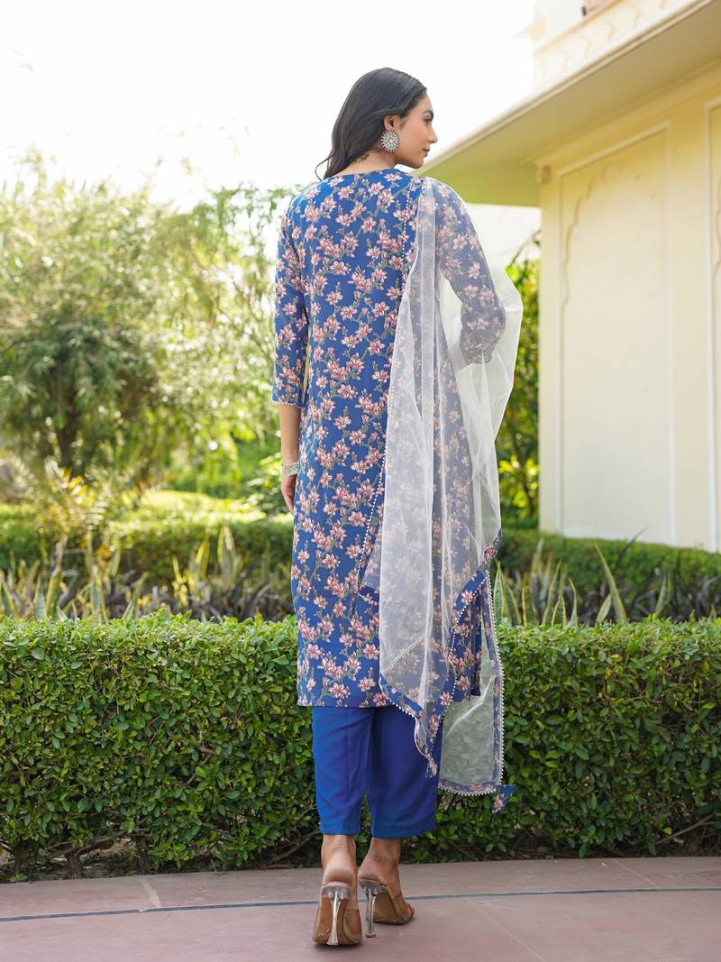 blue color printed rayon styles kurta trouser with dupatta