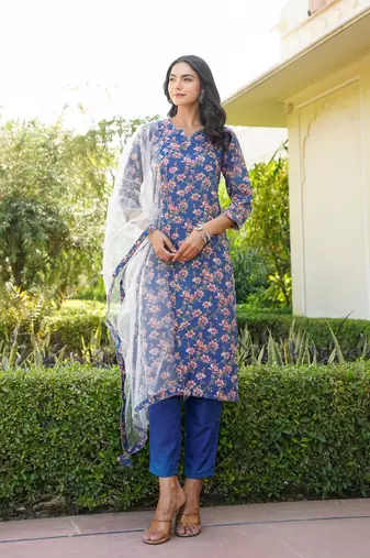blue color printed rayon styles kurta trouser with dupatta
