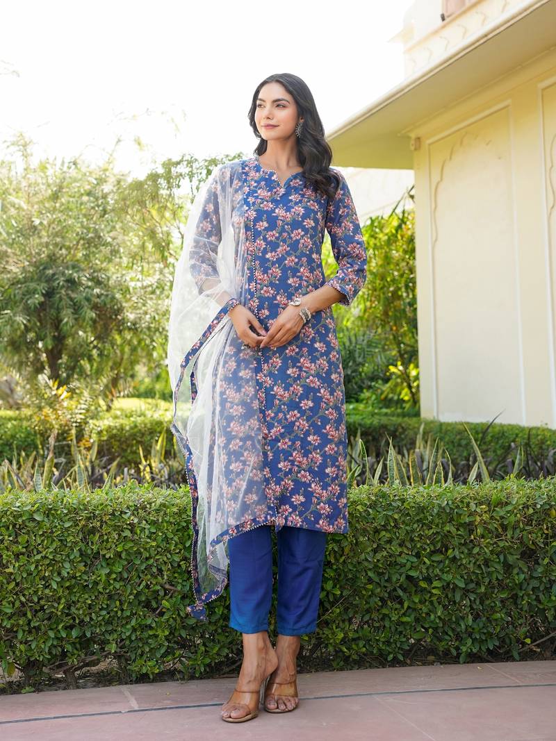 blue color printed rayon styles kurta trouser with dupatta
