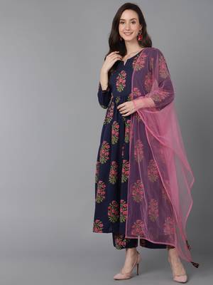 navy blue color printed pure cotton styles kurta palazzo with dupatta 1