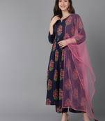 navy blue color printed pure cotton styles kurta palazzo with dupatta